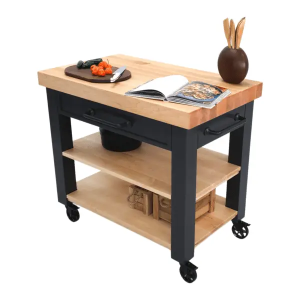 Black kitchen island with wood top and shelves.