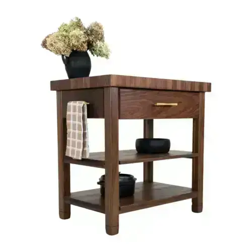 Dark wood kitchen island with shelves