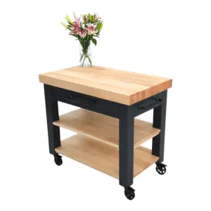 Black kitchen cart with wood top and shelves.