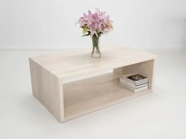 A rectangular coffee table with decor on top of it.