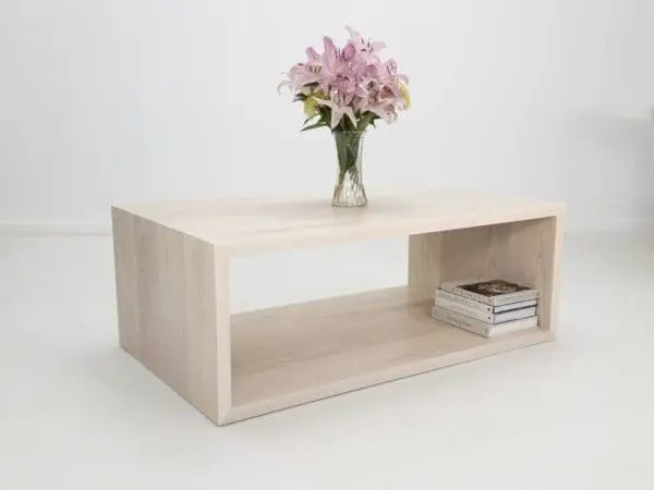 A rectangular coffee table with decor on top of it.