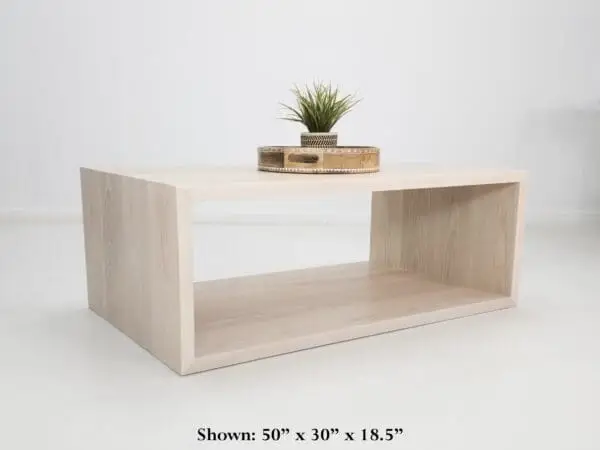 A rectangular coffee table with decor on top of it.