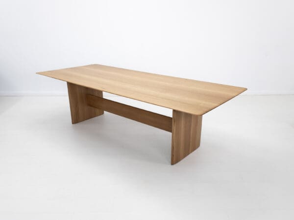 A rift-sawn white oak dining table.