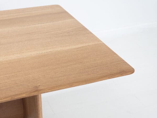 A close up of the rounded corners on our rift-sawn white oak dining table.