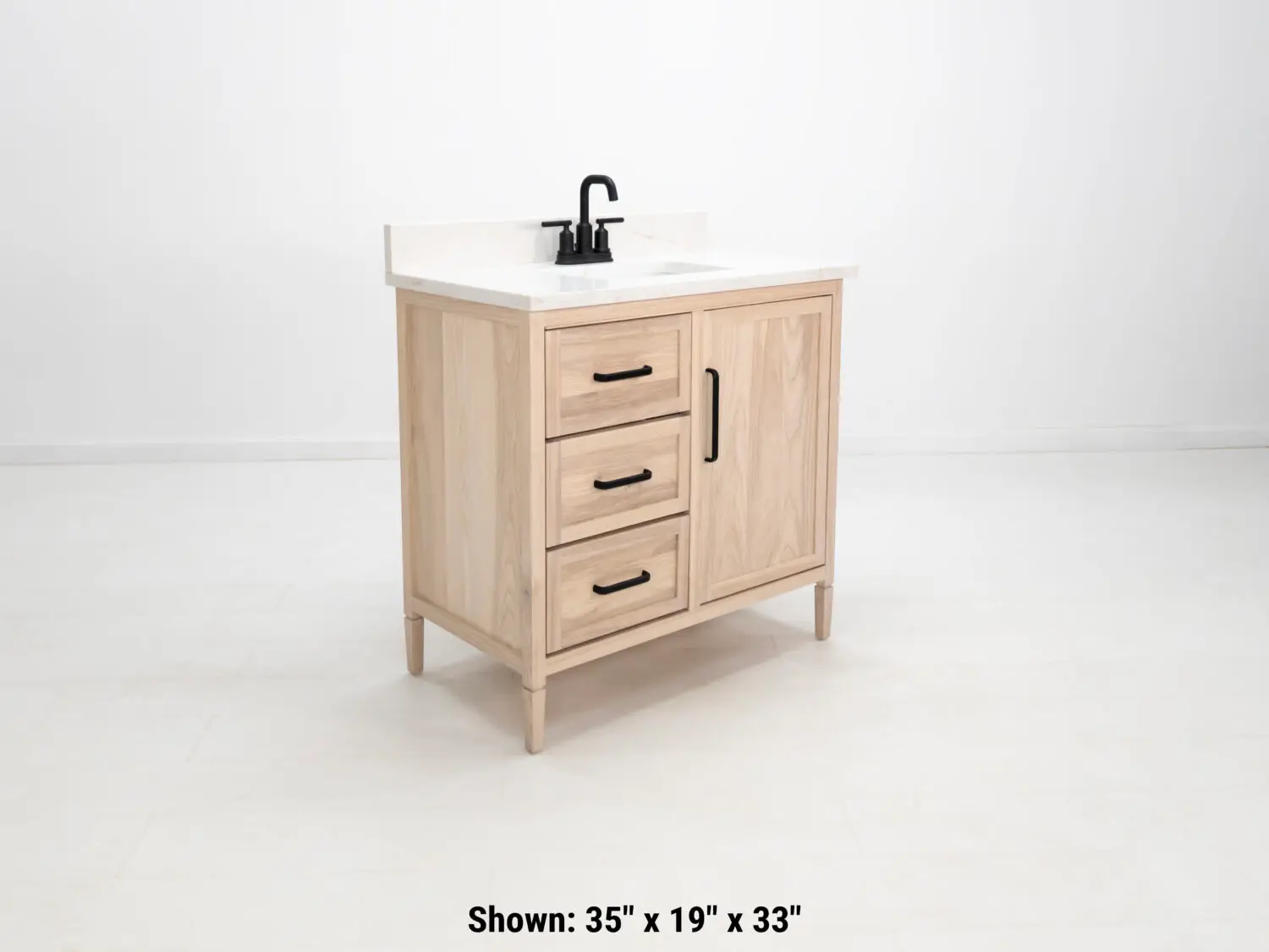 Handcrafted bathroom vanity with tapered legs and customizable wood and finish options