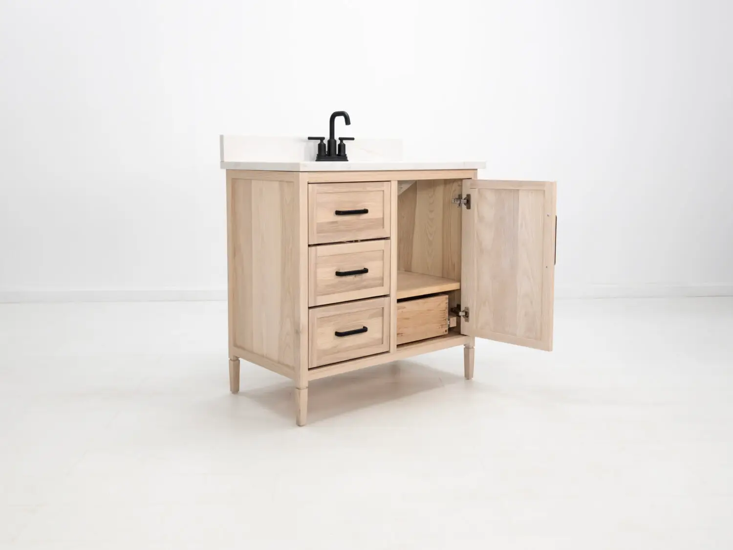 Vanity with soft close drawers and cabinet shown without quartz top and sink