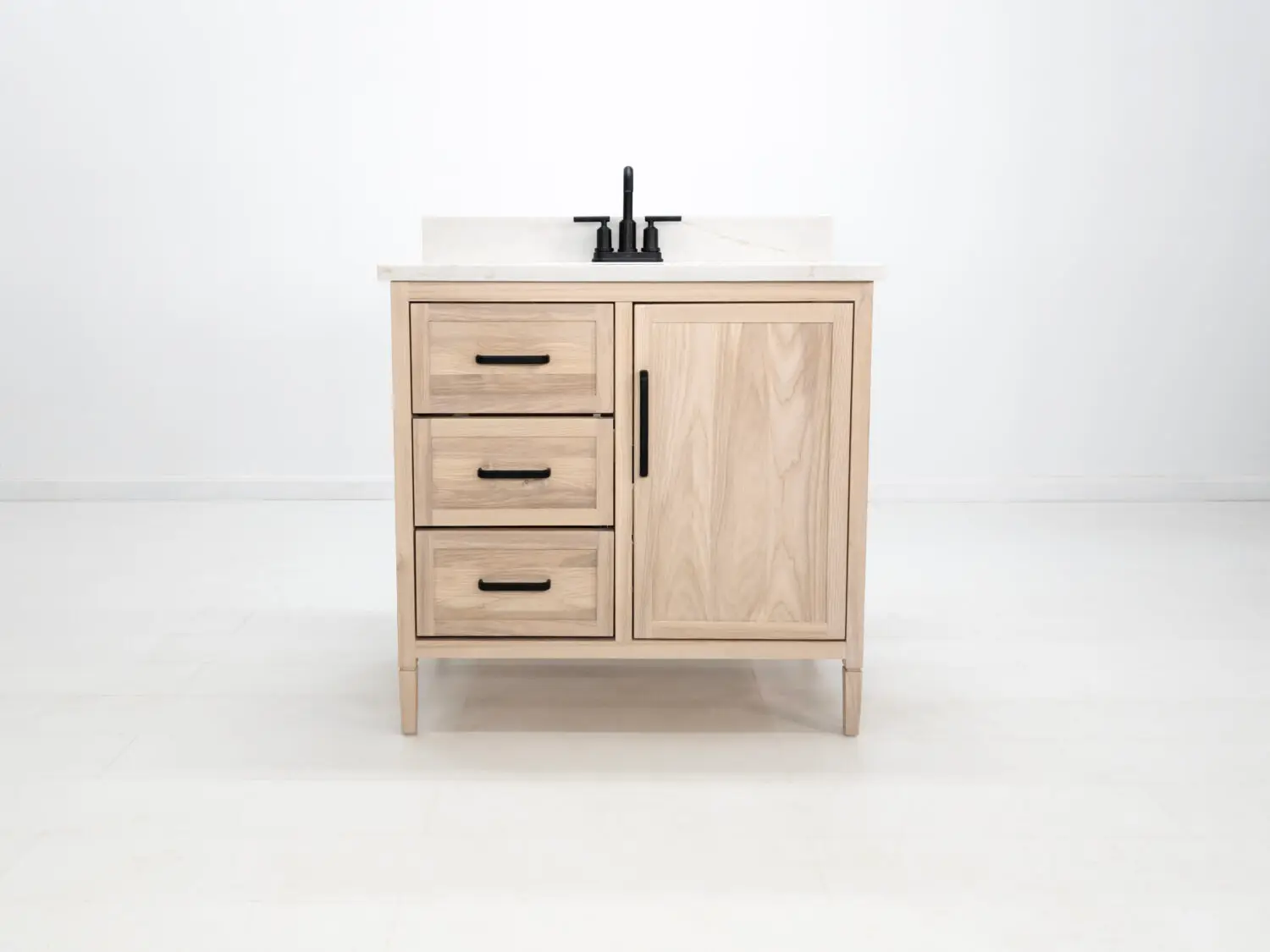 Solid ash bathroom vanity with drawers and cabinet in sunwashed ash