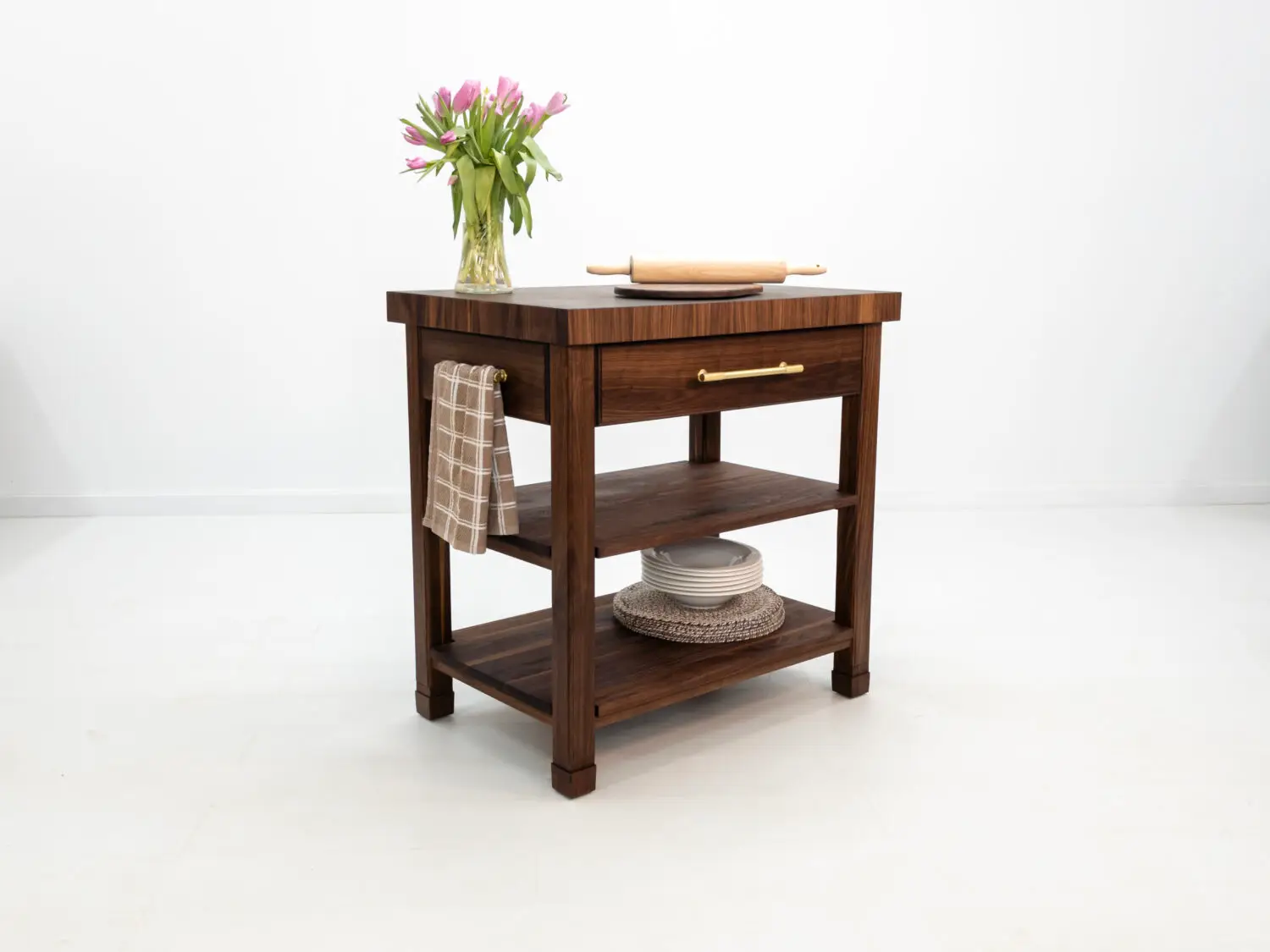 Front view of the WALT butcher block kitchen island in walnut