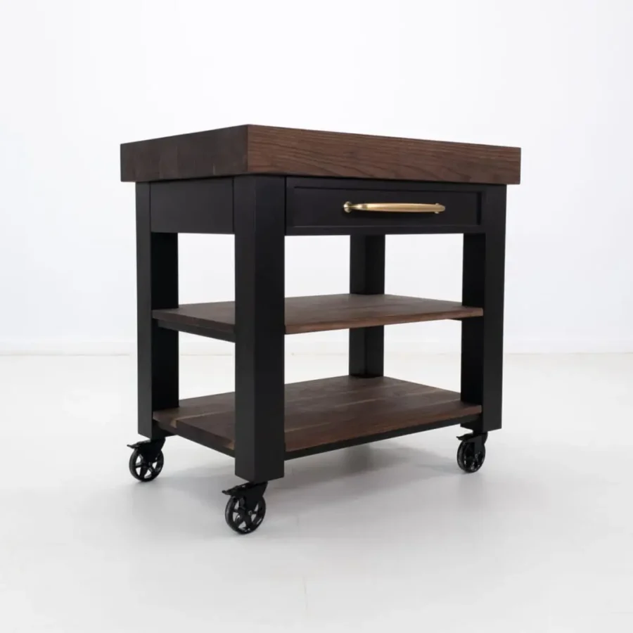 A walnut butcher block kitchen island cart.