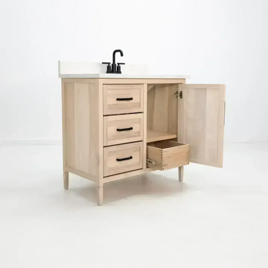Handcrafted wood vanity with soft-close drawers and cabinet storage.